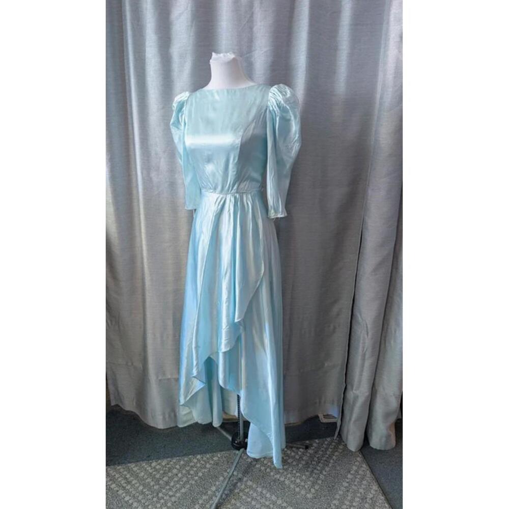Vintage 80s Light Blue Satin High Low Formal Prom Dress S